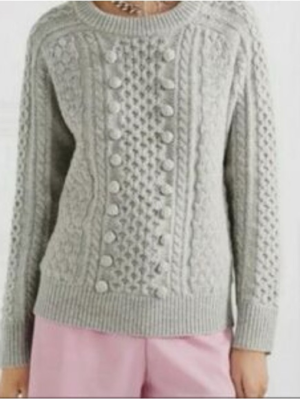 J.Crew Size M Gray Chunky Cable  Knit Lambs Wool Popcorn Pom-Pom Details Sweater